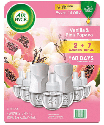 Kit ambientador de aceite perfumado vainilla y papaya rosa 2 calentadores + 7 recambios Air Wick